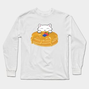 Cute white cat eating a pancake Long Sleeve T-Shirt